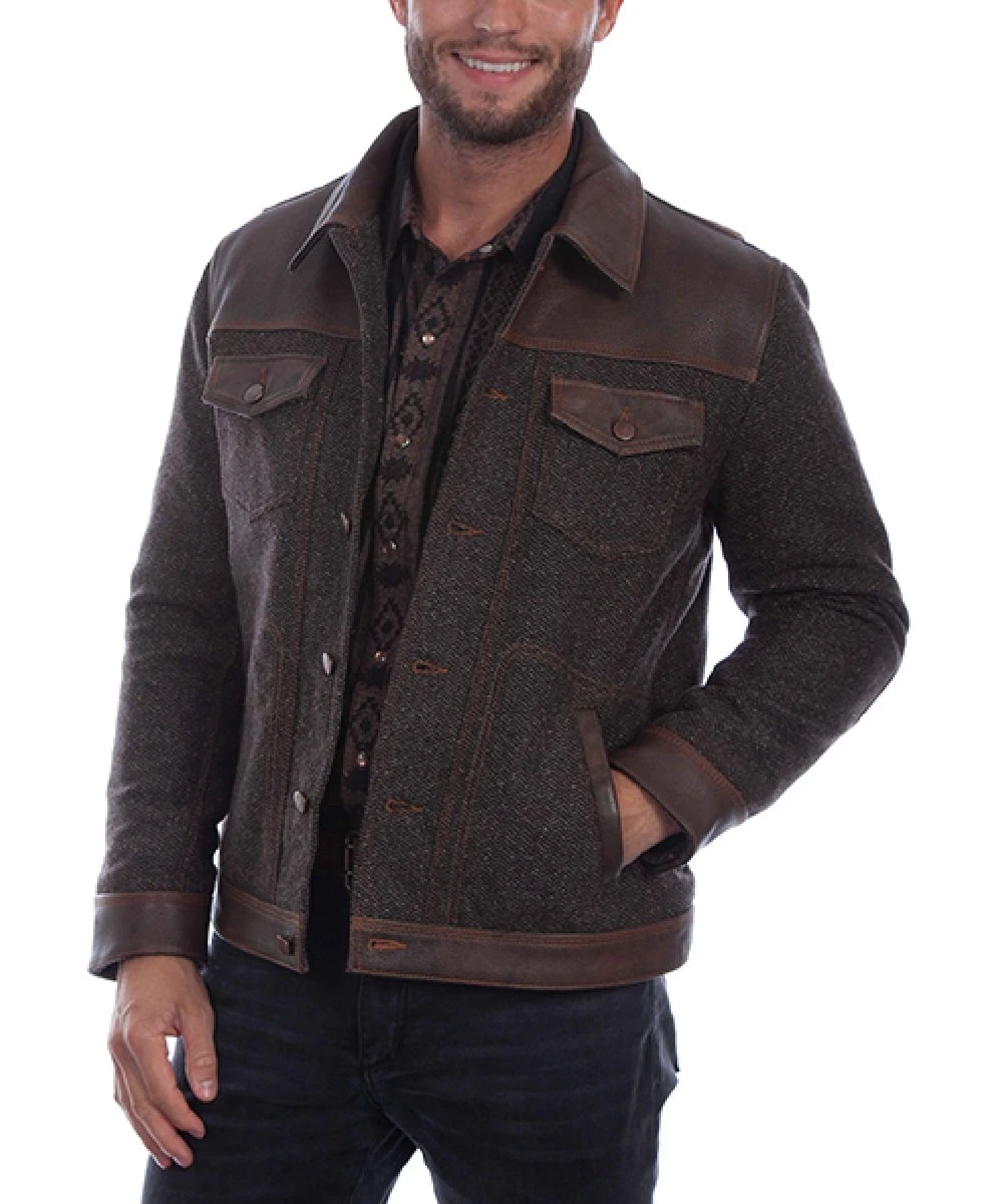 Scully Men's Vintage Brown Leather Tweed Jacket 1 Scully Men's Vintage Brown Leather Tweed Jacket