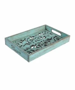 HiEnd Accents Turquoise Decorative Scroll Wooden Tray