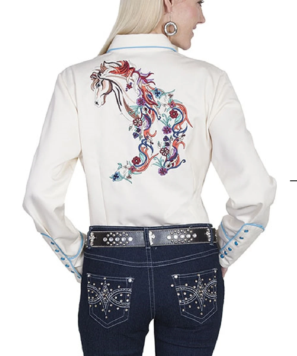 Scully Women's Cream Horse Embroidery Snap Shirt 2 Scully Women's Cream Horse Embroidery Snap Shirt - Image 2