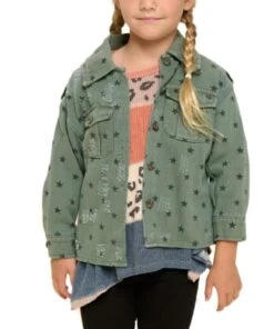ODDI Girls' Olive Star Print Button Down Jacket