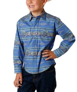 Roper Boys' Aztec Print Snap Shirt Blue