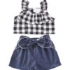 Honey Dew Girls' Plaid Denim Shorts Set