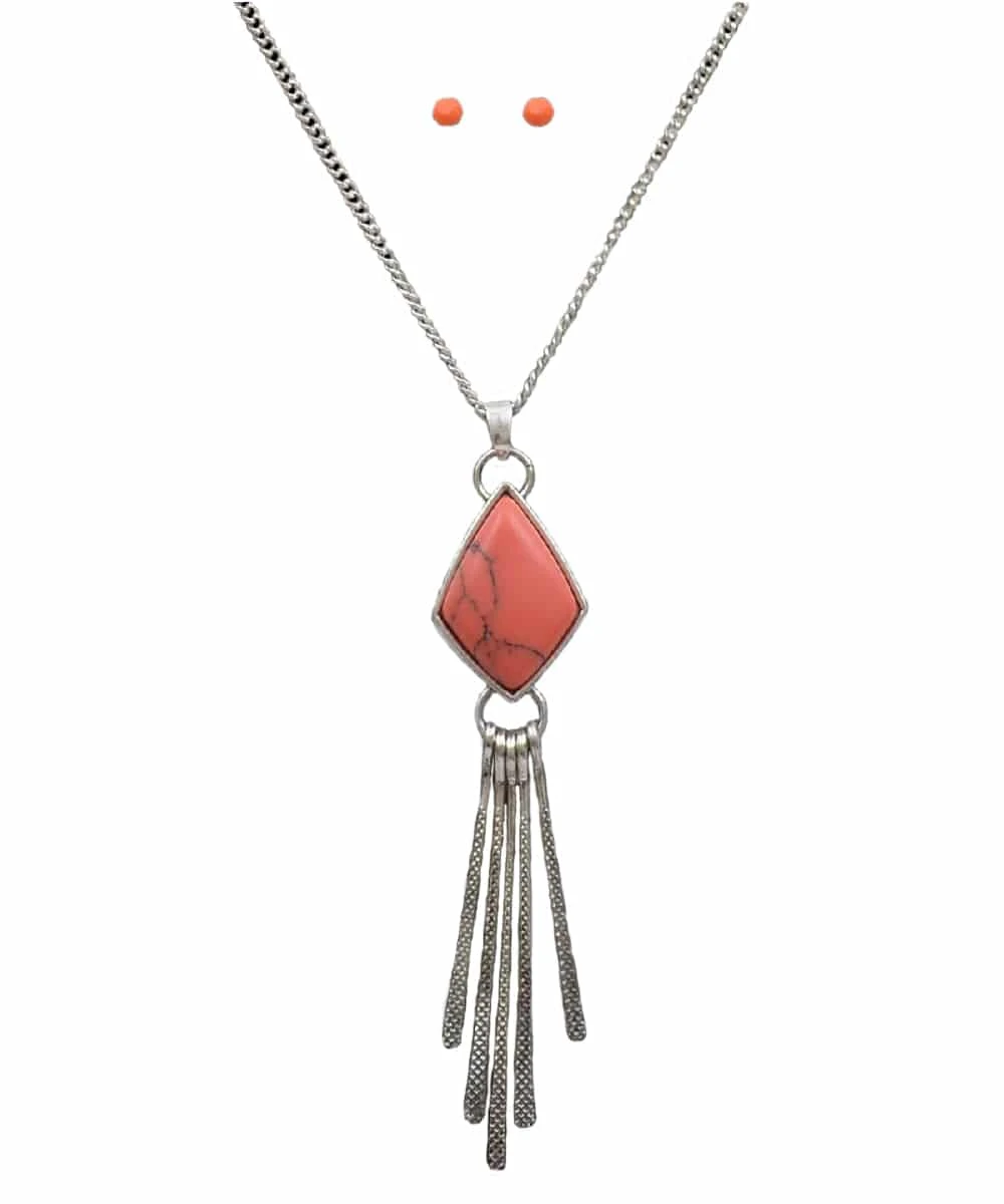 Silver Strike Women's Antique Silver And Coral Stone Necklace Set 1 Silver Strike Women's Antique Silver And Coral Stone Necklace Set